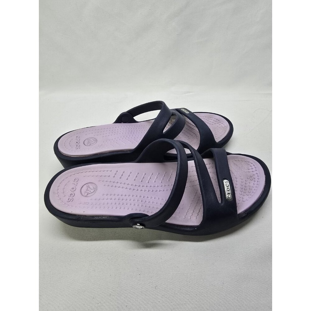 Crocs Patricia Wedge Strappy Slide Slip On Sandals Womens Size 6- Purple/Navy